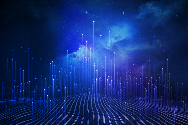 Data lines and dots dappled against ethereal clouds in dark blues and purple hue.