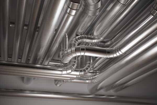 A large network of ducts in silver color